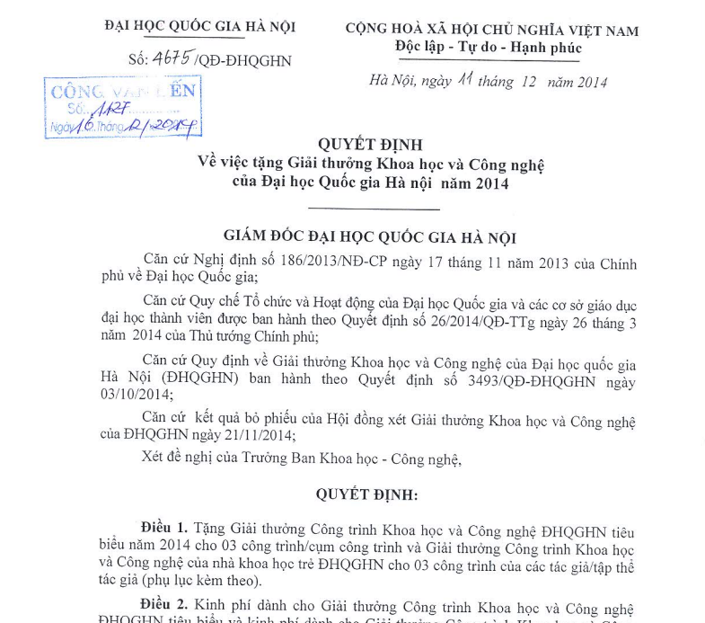 03 công trình khoa học của Trường ĐHKHTN được nhận Giải thưởng Khoa học và Công nghệ của ĐHQGHN năm 2014