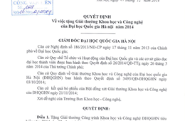03 công trình khoa học của Trường ĐHKHTN được nhận Giải thưởng Khoa học và Công nghệ của ĐHQGHN năm 2014