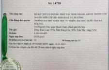 Bằng sáng chế độc quyền Bộ Kit thử và phương pháp xác định nhanh amoni trong các nguồn nước cấp cho sinh hoạt và ăn uống