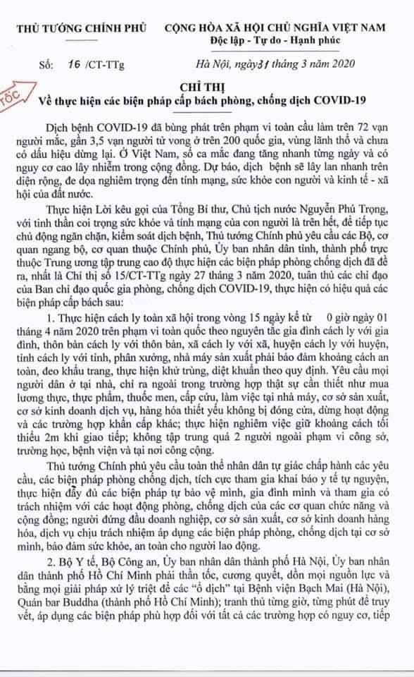 Chỉ thị số 16/CT -TTg của Thủ tướng Chính phủ về thực hiện các biện pháp cấp bách phòng, chống dịch Covid-19