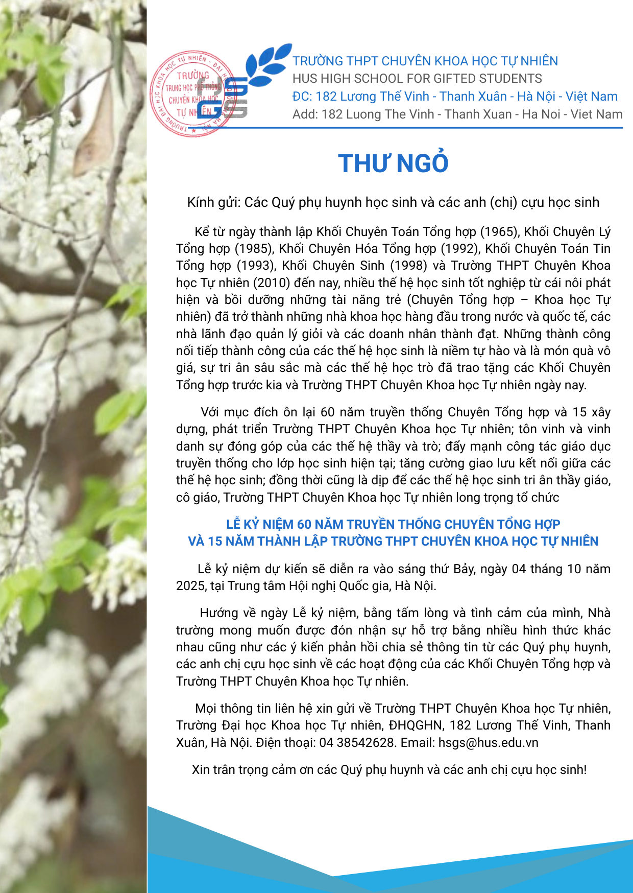 THƯ MỜI DỰ LỄ KỶ NIỆM 60 NĂM TRUYỀN THỐNG CHUYÊN TỔNG HỢP & 15 NĂM THÀNH LẬP TRƯỜNG THPT CHUYÊN KHOA HỌC TỰ NHIÊN